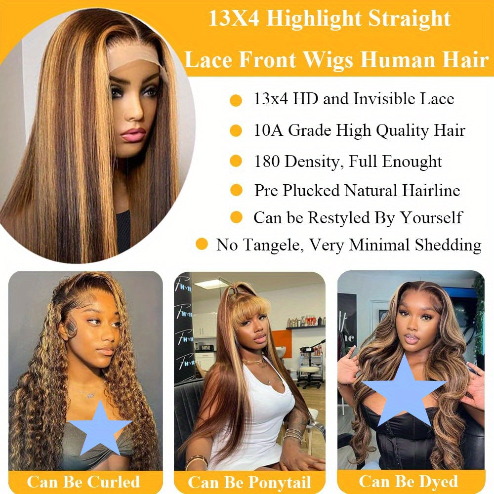Honey Blonde 13X4 HD Lace Front Wig Human Hair Highlight Straight Lace Frontal Wigs Human Hair Pre Plucked 28 Inch 180 Density Ombre Wigs for Women P4/27 Colored Glueless Wig with Baby Hair